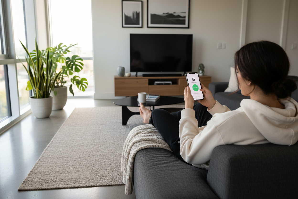 person sitting in their apartment on their phone opening their smart lock